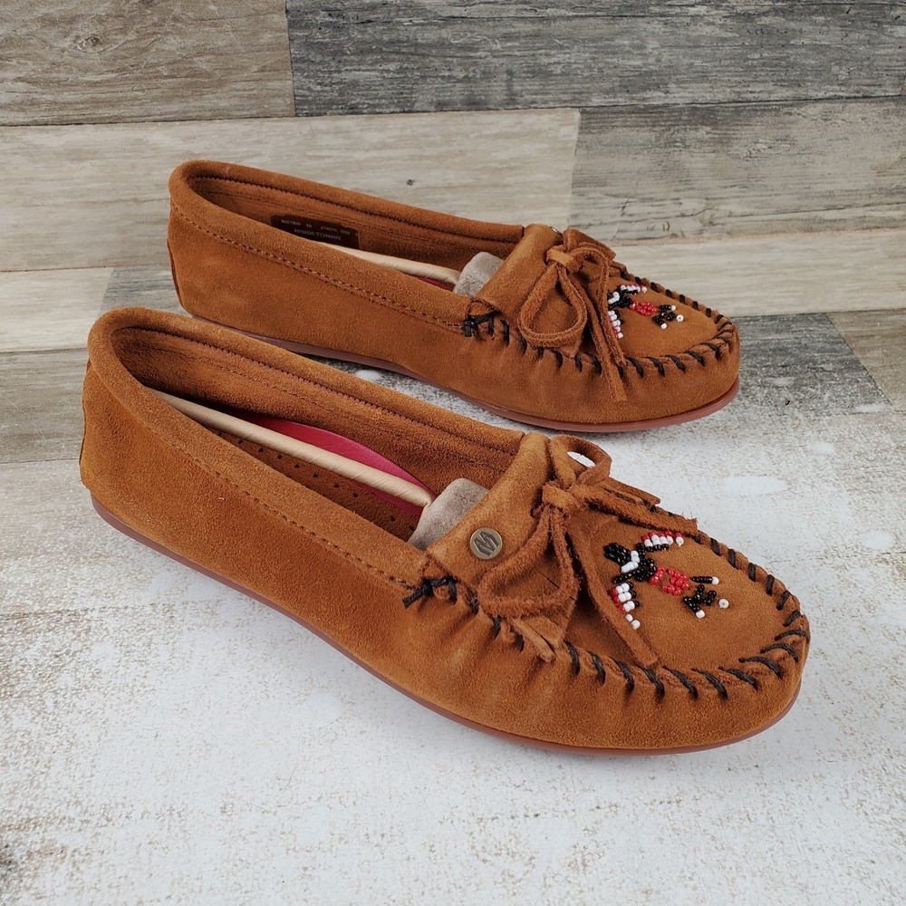 Minnetonka Thunderbird Animikii Womens Moccasin Shoes Sz 10 Brown Suede Hardsole